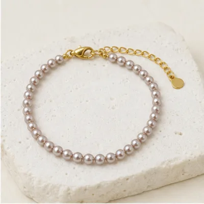 Pulseira de Pérolas de 4 mm com Corrente Dourada — Taupe