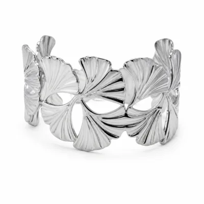 Bracelete largo prateado com folhas tropicais