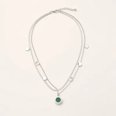 Colar Prateado de Três Correntes com Medalhão Verde | 85200-01-4, 85200-01-4