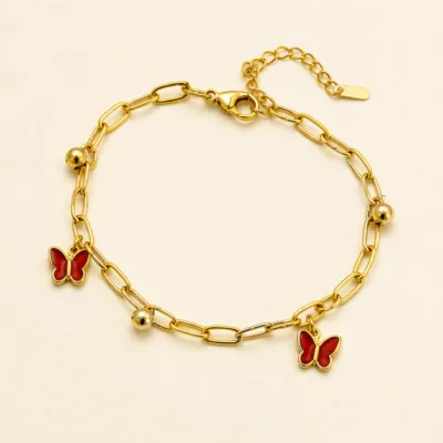 Pulseira em Aço com Duas Borboletas Coloridas — Dourado / Vermelho