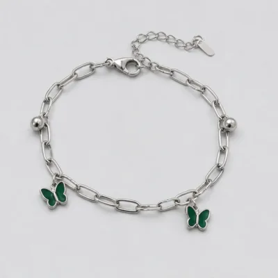 Pulseira em Aço com Duas Borboletas Coloridas — Prateado / Verde