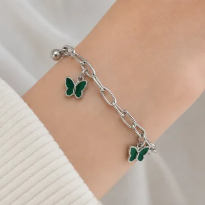 Silver and green butterfly bracelet 85201-02-3 worn on wrist