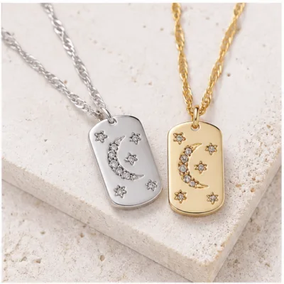 Silver and gold crescent moon crystal tag necklaces 85212-01