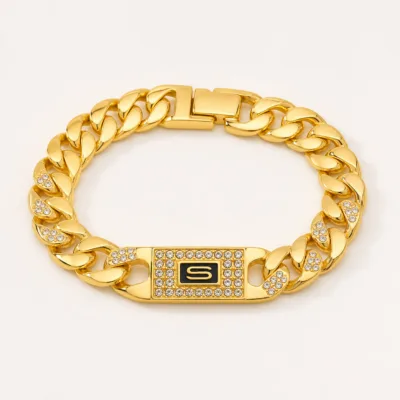 Vista superior completa do bracelete dourado de elos
