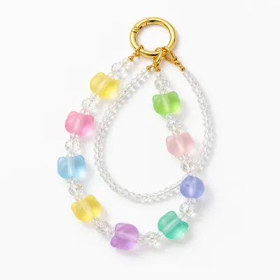 Pulseira multicolorida para telemóvel com cristais e argola dourada