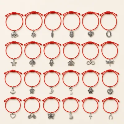 Vinte e quatro pulseiras vermelhas com amuletos sortidos em quatro filas