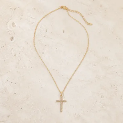 Colar Dourado Fino com Pendente Cruz e Cristais — Dourado