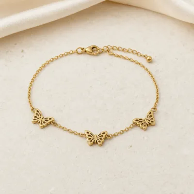 Pulseira Borboletas em Aço Inoxidável — A — Dourado