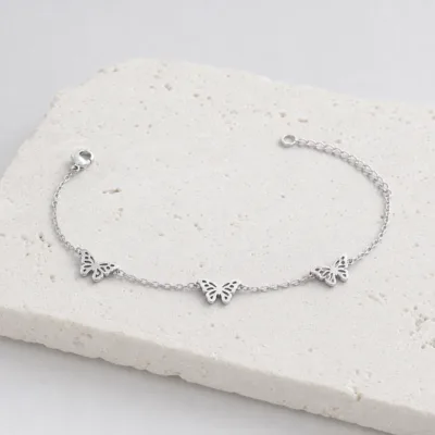 Pulseira Borboletas em Aço Inoxidável — B — Prateado