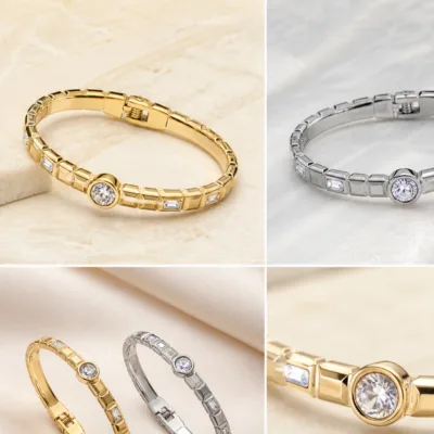 Pulseira Rígida em Aço com Cristais — Dourado