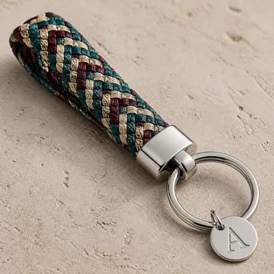 Detalhe da corda tubular, medalha de letra e argola metálica