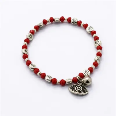 Pulseira vermelha de cristais 5 mm com olho protetor prateado