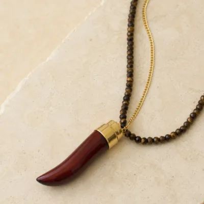 Colar Dourado com Pedras Naturais e Pingente Chifre | K2107-018-1B, K2107-018-1B