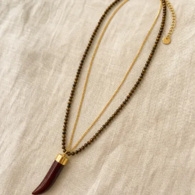 Colar Dourado com Pedras Naturais e Pingente Chifre | K2107-018-1B, K2107-018-1B