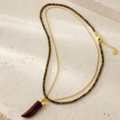 Colar Dourado com Pedras Naturais e Pingente Chifre | K2107-018-1B, K2107-018-1B