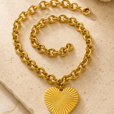 Colar Dourado de Elos com Coração Raiado, K2150-002-1
