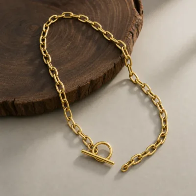 Colar Dourado de Elos com Fecho Toggle, K2150-006-1
