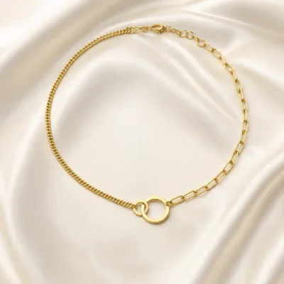 colar dourado corrente mista dois aros, variante dourada, cetim marfim, referência K2150-014-1