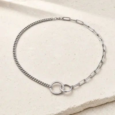 Colar Prateado de Corrente Mista e Dois Aros, K2150-014-2