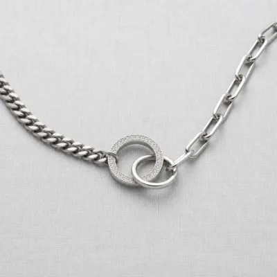 Colar Prateado de Corrente Mista e Dois Aros, K2150-014-2