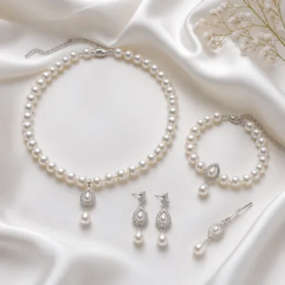 Conjunto de pérolas sobre tecido claro