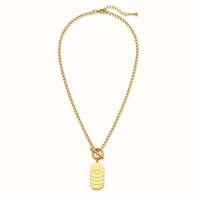 Colar dourado com medalhão alongado de motivo de olho