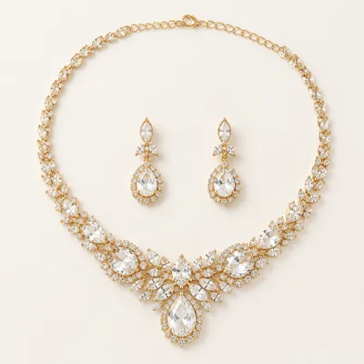 Conjunto dourado de colar e brincos com zircónias transparentes