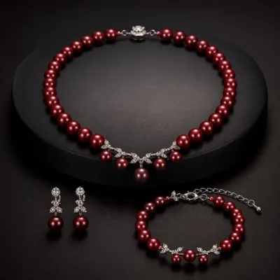 Conjunto de pérolas vermelho-escuras