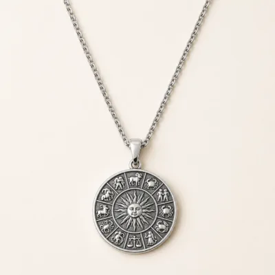 Colar prateado em aço com medalhão do zodíaco