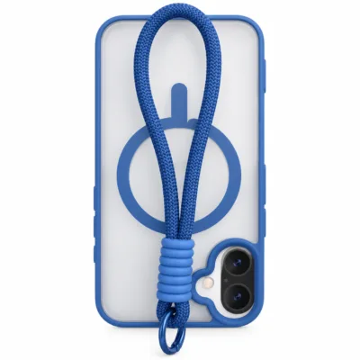 Capa magnetica matte iPhone 17 com cordao azul