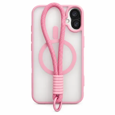 Capa magnetica matte iPhone 17 com cordao rosa